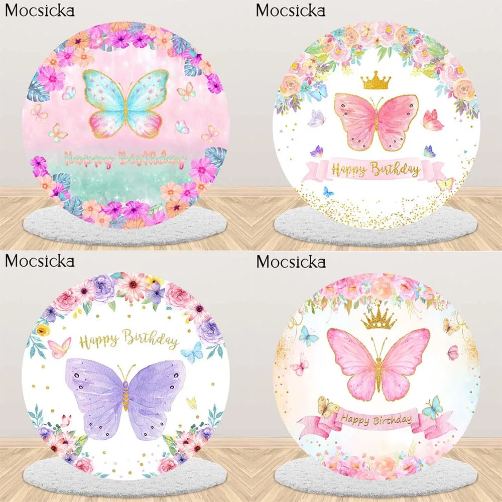 

Mocsicka Pink Purple Butterfly Baby Shower Backdrop For Photo Floral Round Backgrounds Child 1st Birthday Party Photograph Booth