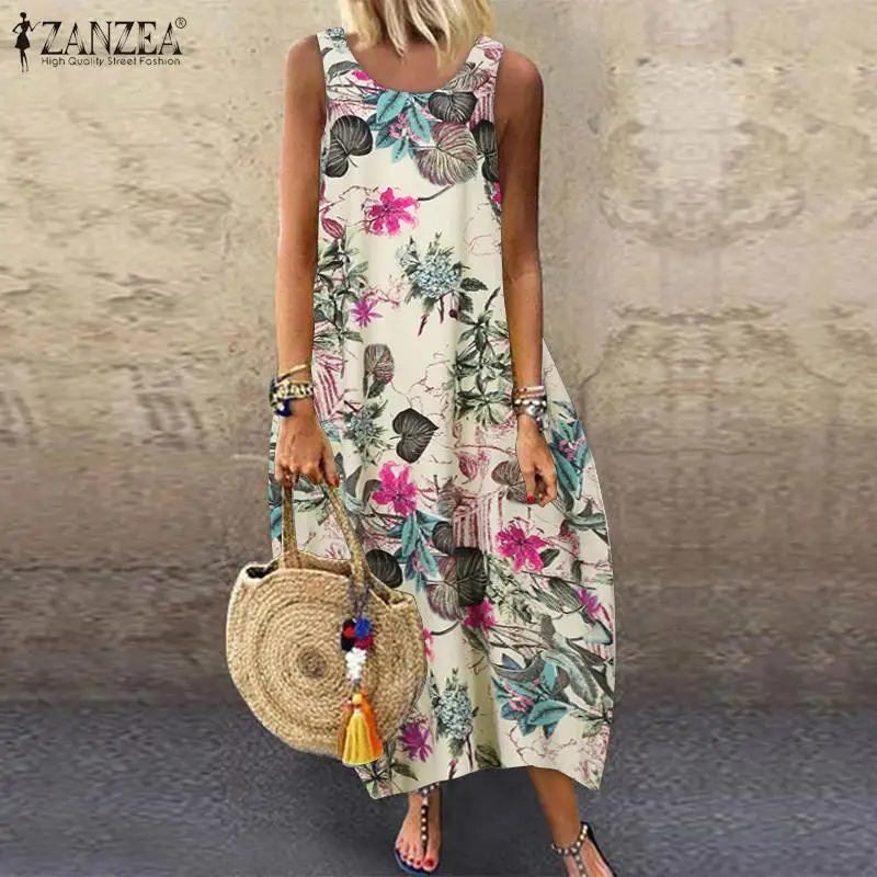 ZANZEA Summer Dress Women Vintage Sleeveless Floral Printed Long Dress Cotton Linen Sundress Baggy Beach Vestido Sarafans 