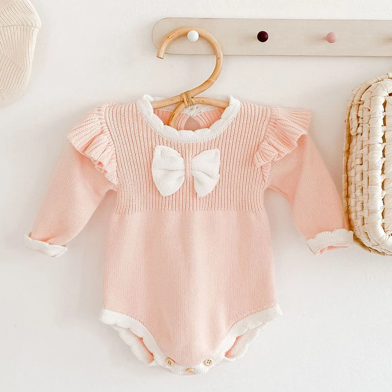 Newborn Rompe Toddler Baby Girl Knitt Romper Princess Bow Autumn Winter Infant Baby Girls Jumpsuit Baby Girls Knitting Clothes