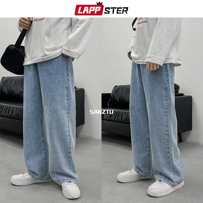 LAPPSTER Men Korean Streetwear Wide Legs Baggy Jeans 2023 Mens Autumn Harajuku Vintage Blue Denim Pants Male Casual Cargo Pants