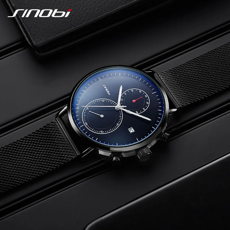 SINOBI New Business Watch Men 42mm Dial Plate Mesh Leather Strap Wristwatch Luminous Pointer Watches Chronograph Fashion Watch