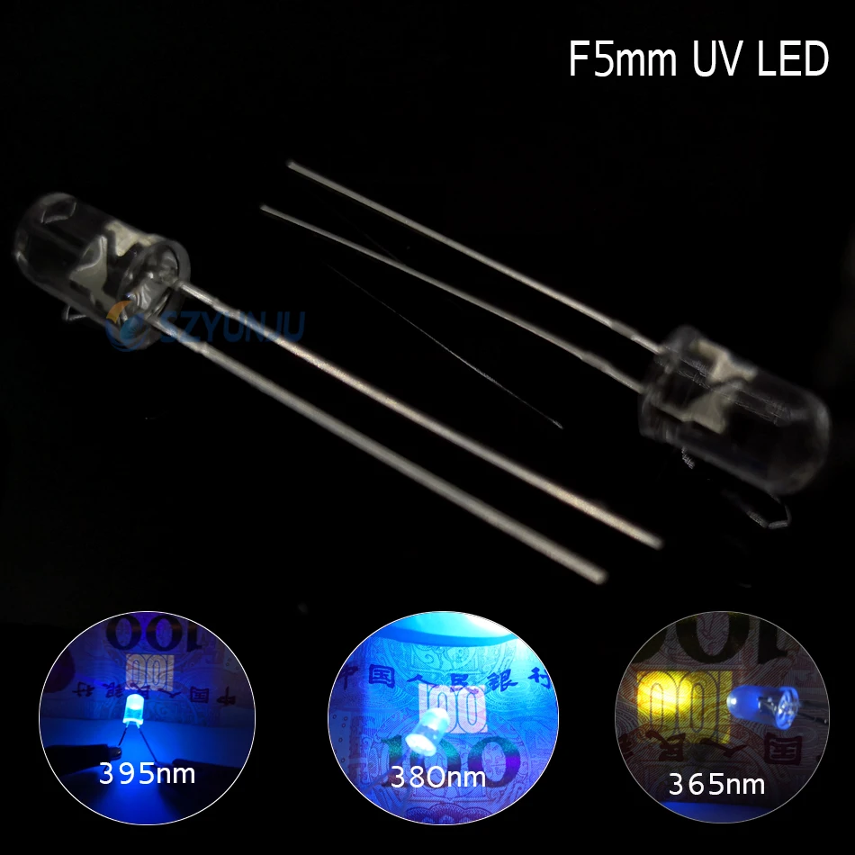 5mm LED lamp Purple Ultra Violet Ultra Bright 395nm 380nm 365nm  UV LED Diode Light Emitting Lamp 20mA Round Water Clear Lens