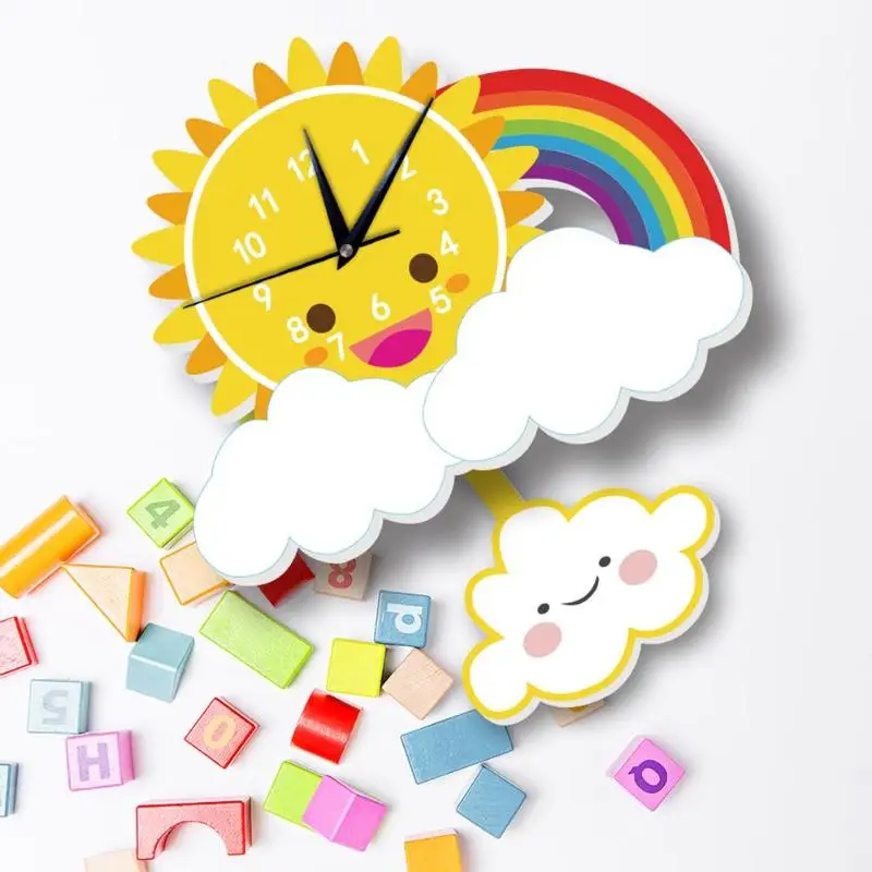 Pendulum Clocks Kids Wall Clock for Children Room Rainbow Cartoon Sun Slient Cloud Watch Study Living Room Decoration Home Decor