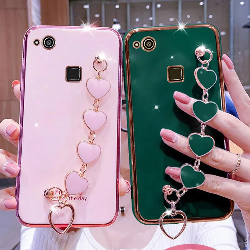 Capa protetora para celular, pulseira de pulso, luxuosa, corrente de coração, revestida, capa para huawei p10 lite plus