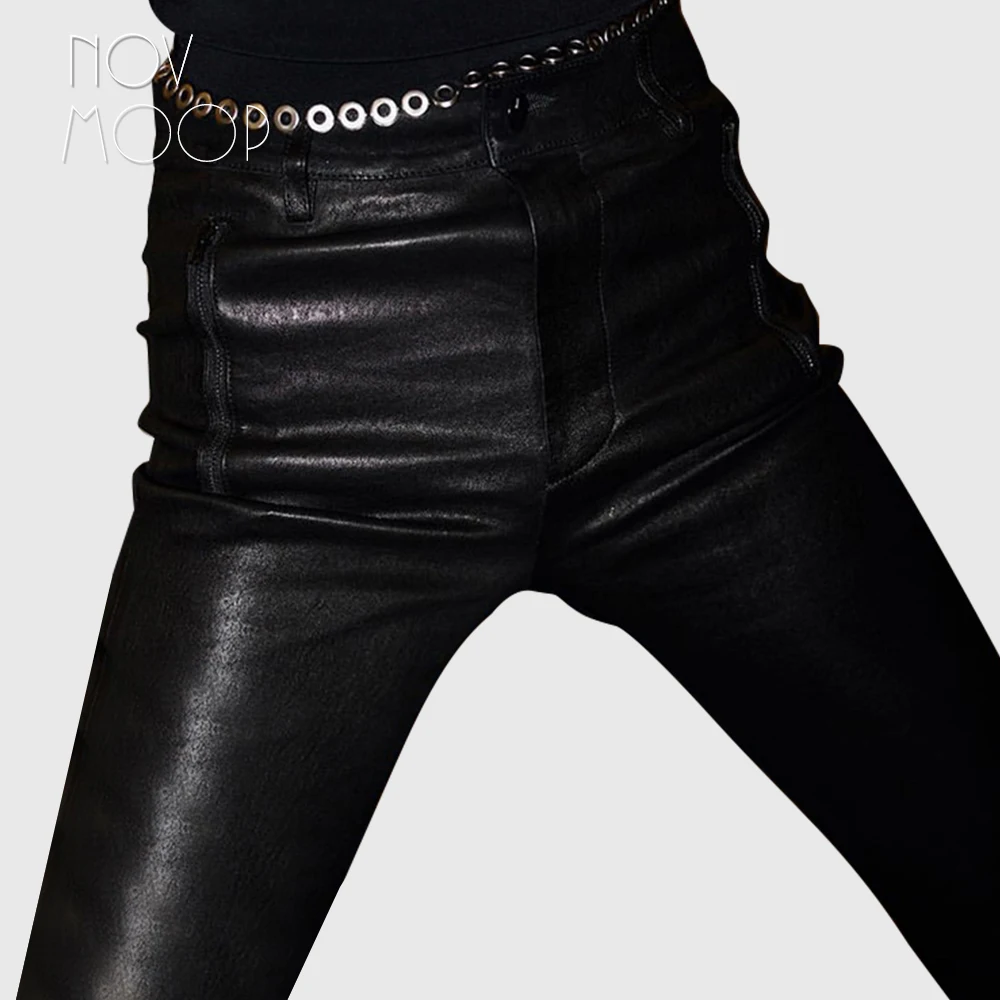 

Novmoop imported sheepskin genuine stretched leather women pensil skinny pants chic fashionable french style LT3522