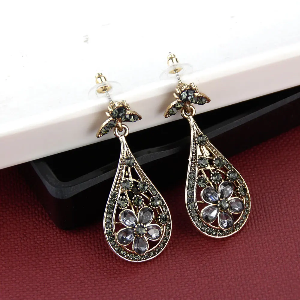 Sunspicems Bohemia Flower Drop Earring Women Grey Crystal Earring Antique Gold Color Turkish Wedding Jewelry Vintage Bridal Gift