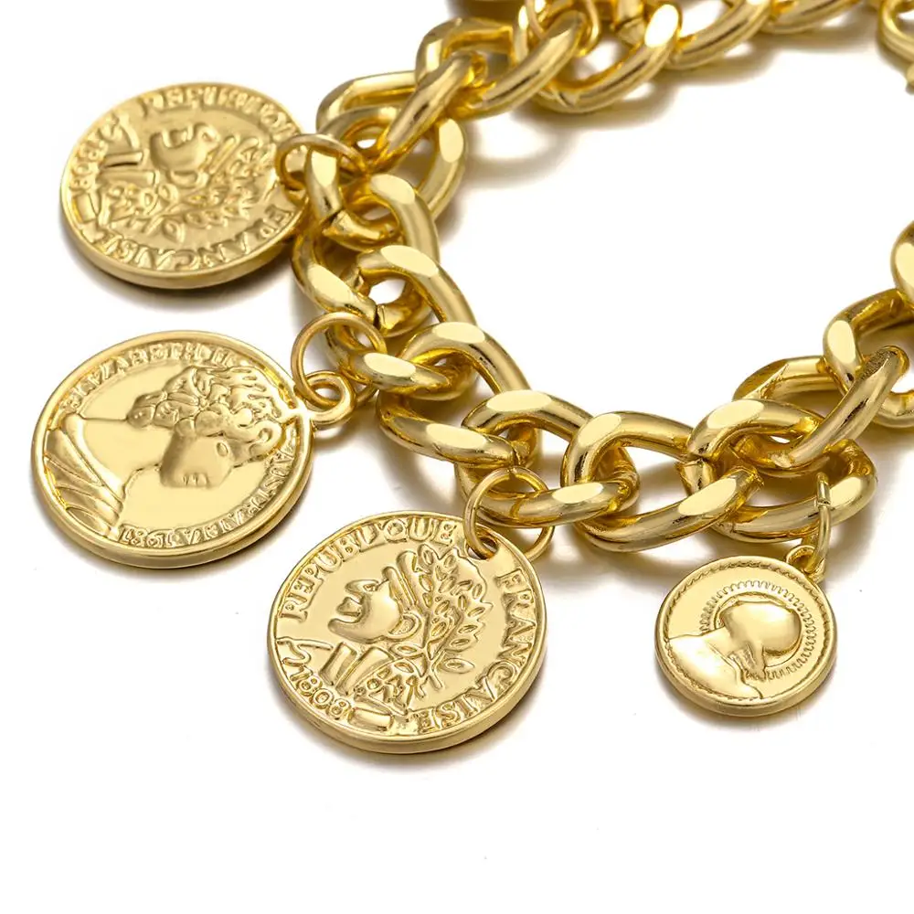 ALLYES Gold Color Chain Coins Bracelet Personality Vintage Portrait Charms Bracelets For Women Fashion Accessories