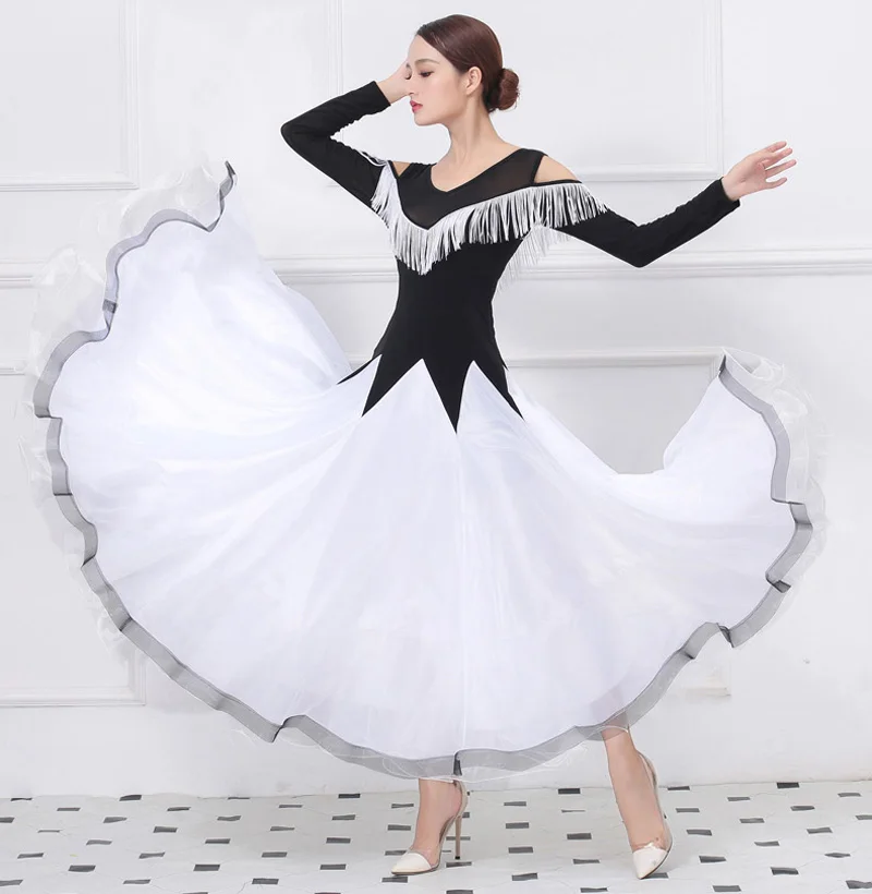 Tiêu Chuẩn Phòng Khiêu Vũ Điệu Nhảy Đầm 2023 Phụ Nữ Tango Flamenco Waltz Nhảy Múa Váy Nữ Cổ Chữ V Tua Rua Bóng Thi Đấu Áo