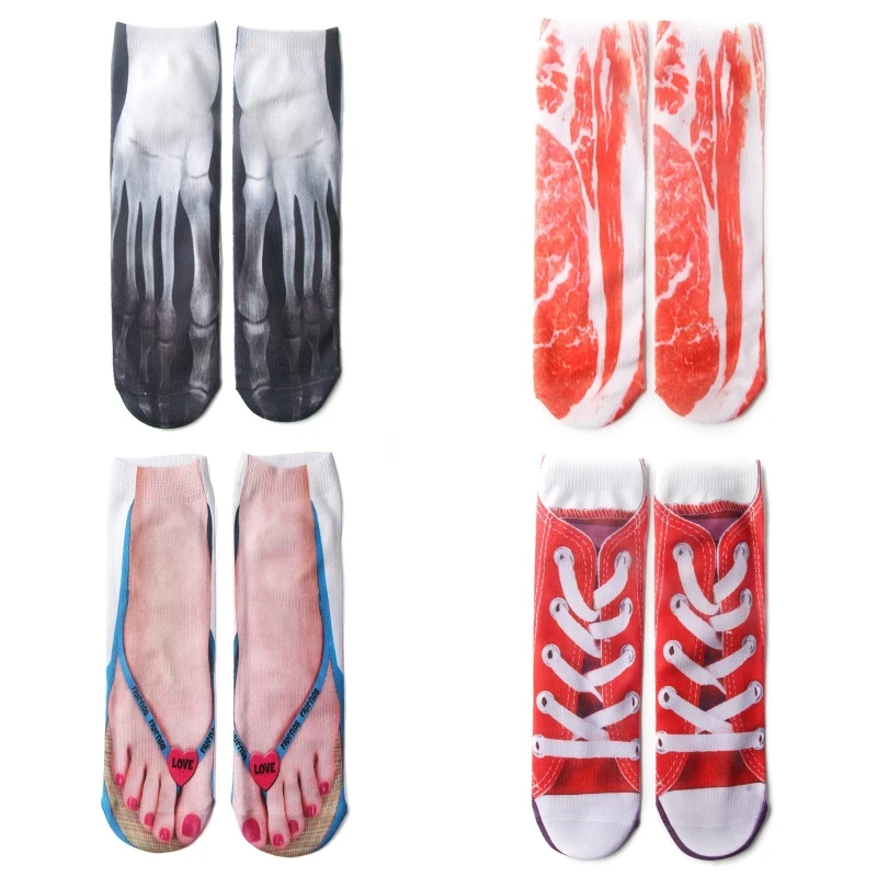 Unisex ฝ้ายถุงเท้าข้อเท้าต่ำตัดตลก3D Flip-Flops รองเท้าหมูรูปแบบโครงกระดูกพิมพ์ Creative ร้านขายชุดชั้นใน