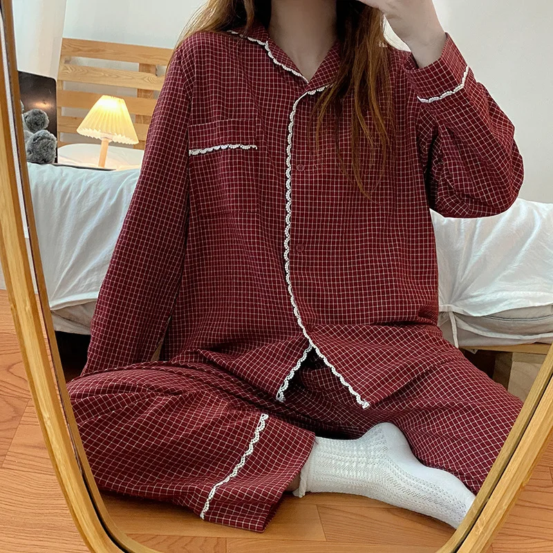 Yasuk 2023Spring Autumn Fashion Women\'s Casual Lovely Plaid Sleepwear Nightgow Retro Pajamas Set With Pants Trouser NewYear Soft