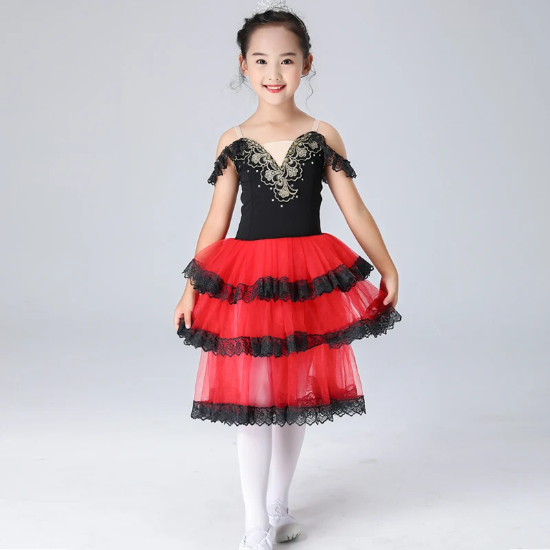 New Red Black Ballet Dress Ballroom Dance Dress Cupcakes Princess Ballerina Dress Long Lace Kids Skating Dress