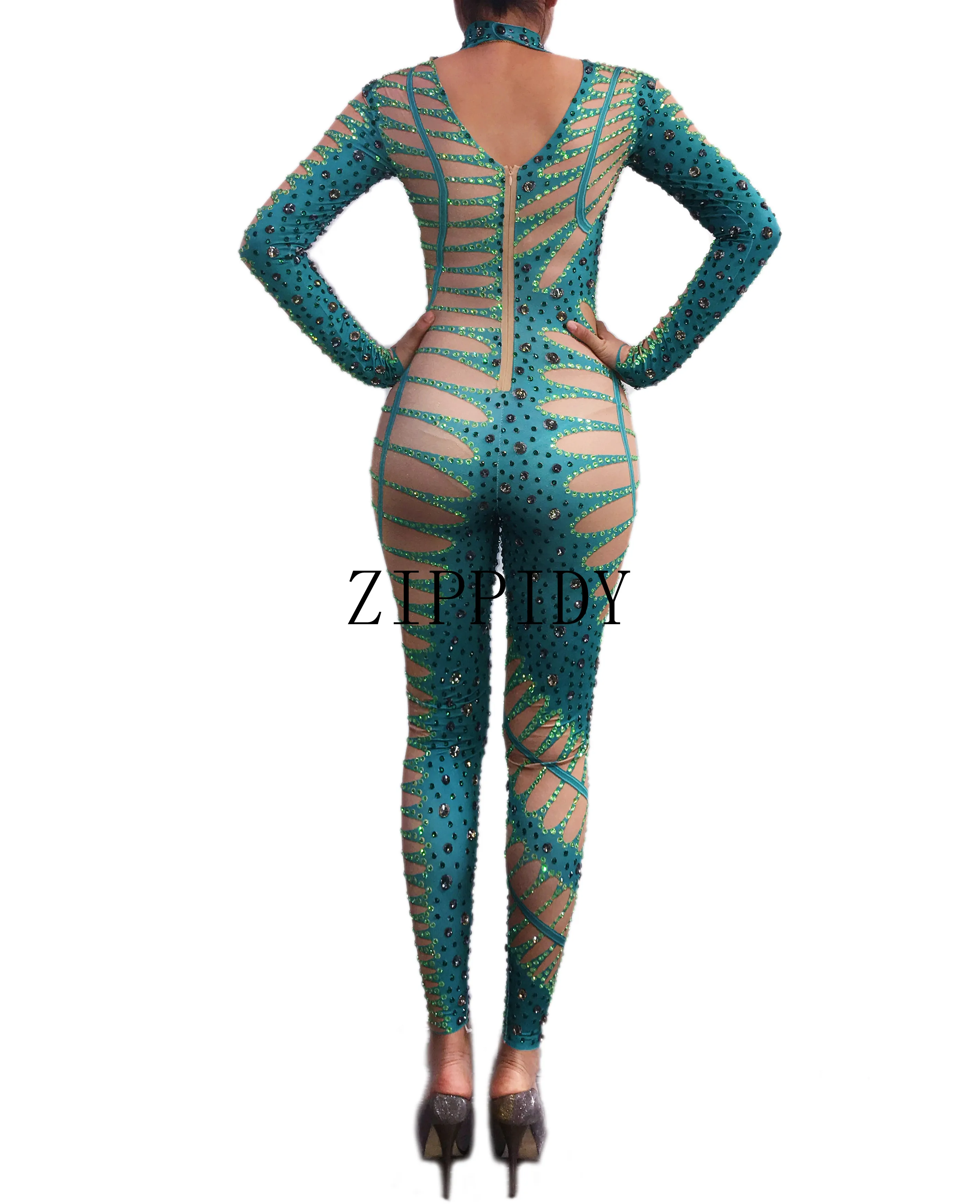 Fashion Rhinestones Green Nude Jumpsuit Sexy Stretch Dance Bodysuit Performance Party Celebrate  Stage Show Costume Wear