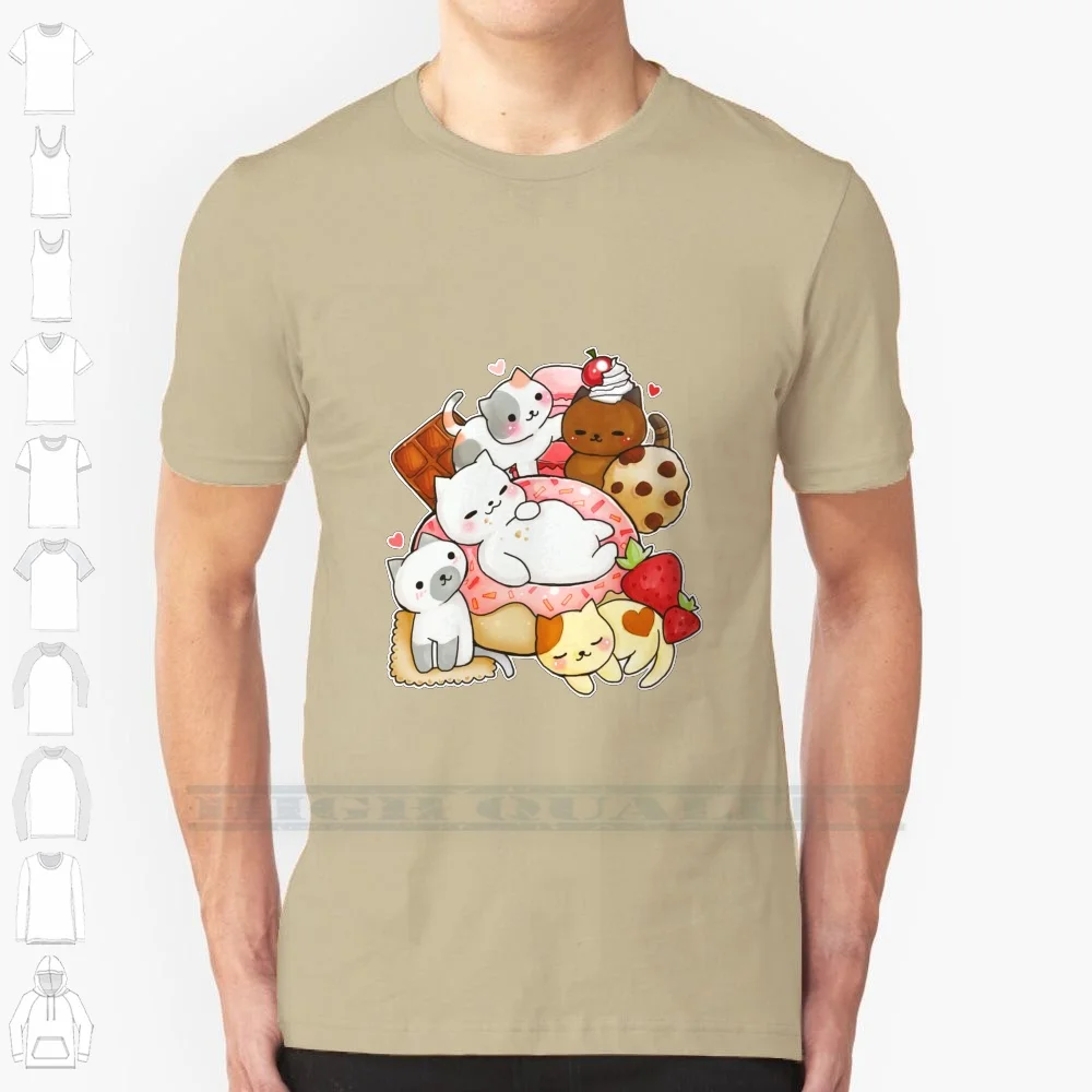 Neko Atsume Sweet Cats 100% Cotton T Shirt Neko Atsume Tubbs Peaches Marshmallow Ganache Sweet Kawaii Cute Lolita Cats Kitty