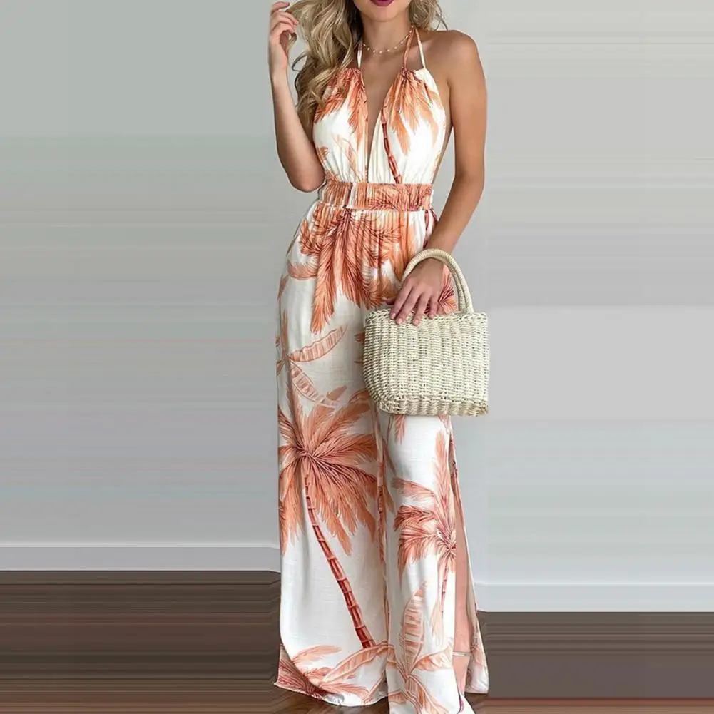 

Summer Loose Halter Women Jumpsuit Homewear Wide Leg Slit Hem Jumpsuits Sleeveless Floral Tree Print Casual Streetwear Rompers