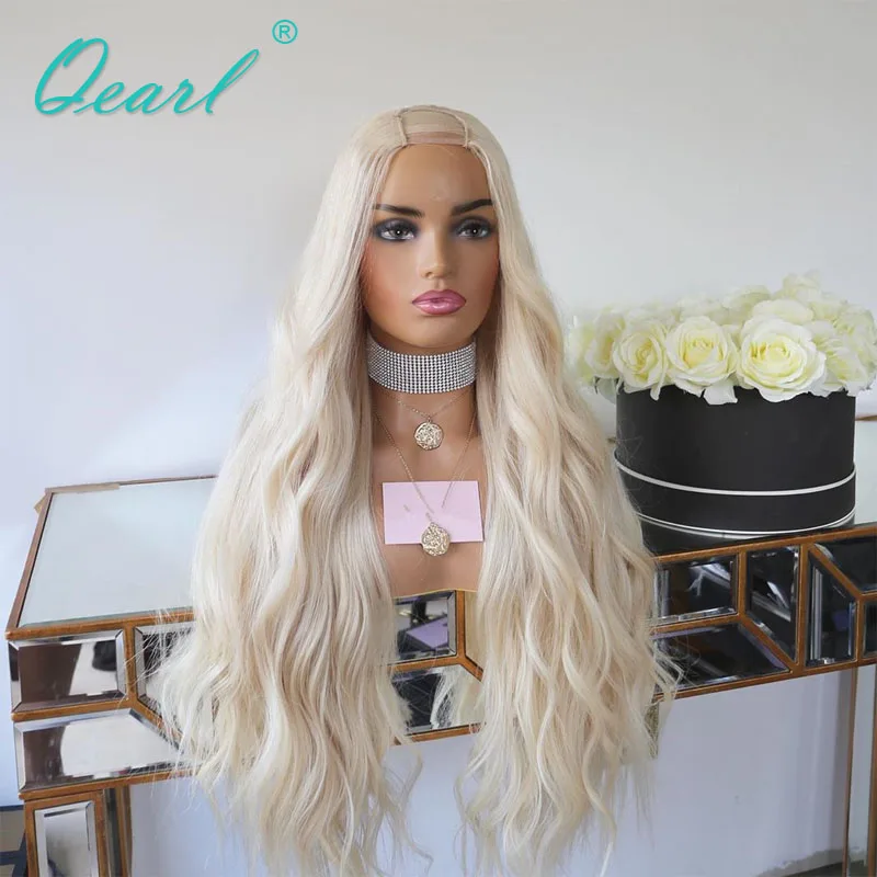 

Real Human Hair Wig White Icy Blonde Cheap U Part Wig Womens Wig Transparent Natural Wave 2x4 Brazilian Virgin Wig 180% Thick