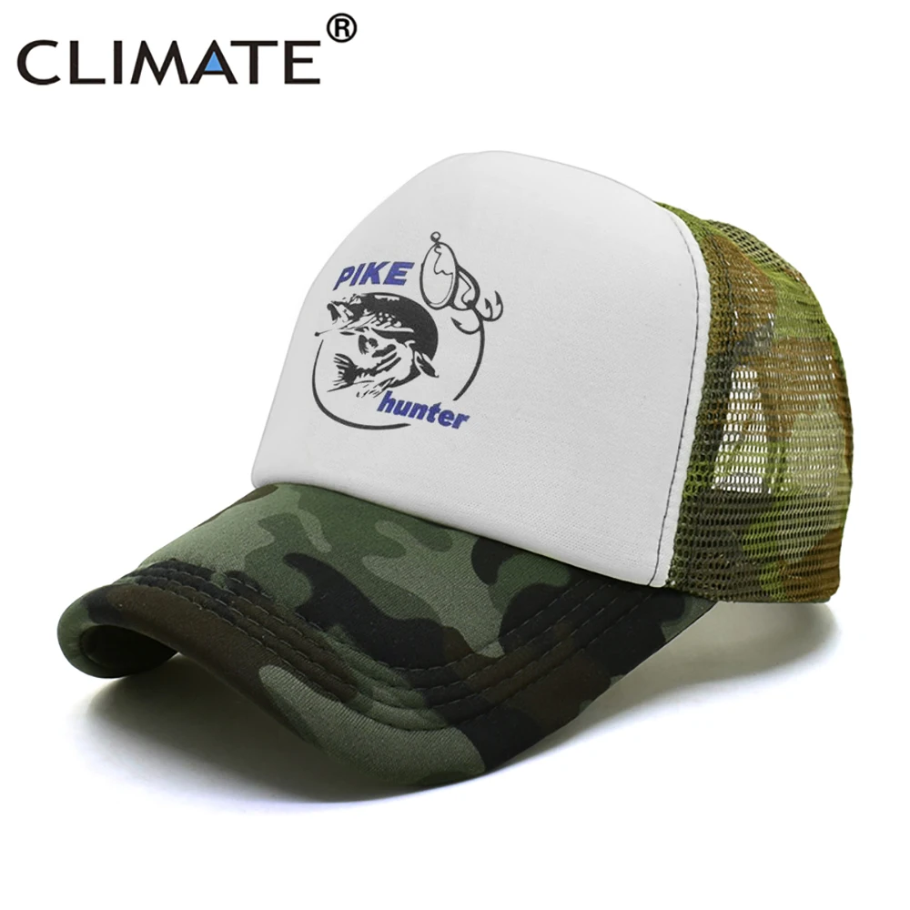 CLIMATE Pike Fish Hunt Trucker Cap Pike Fishing Caps for Man Camouflage Fishing Hat Baseball Cap Cat Summer Cool Mesh Caps Men