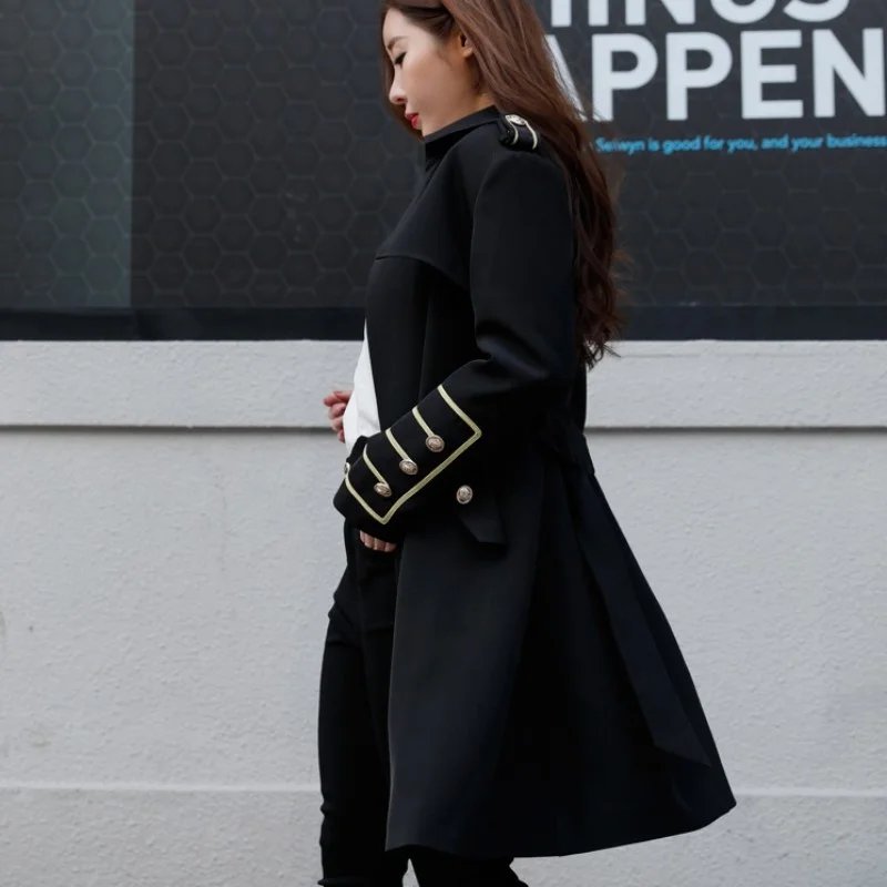 

Women Autumn Fashion Double Breasted Long Trench Coat Court Epaulet Military Overcoat Mid Wind Coat BF Vintage Manteau Femme