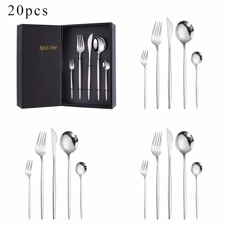 

Silver Cutlery Set Stainless Steel Lunch Rainbow Tableware Western Fork Knife Spoon Flatware Silver Dinnerware Sets Dropshopping