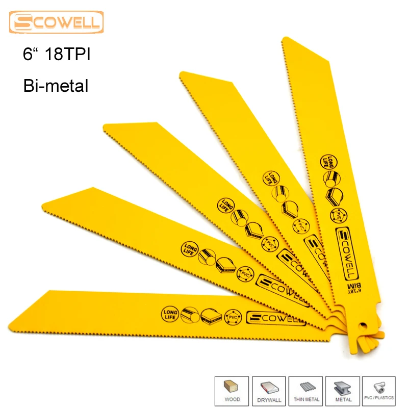 Confezione da 5 SCOWELL Bimetal 6 "pollici 18TPI Machinery Demolition Sabre lama per sega alternativa per Meta Cut accessori per elettroutensili fai da te