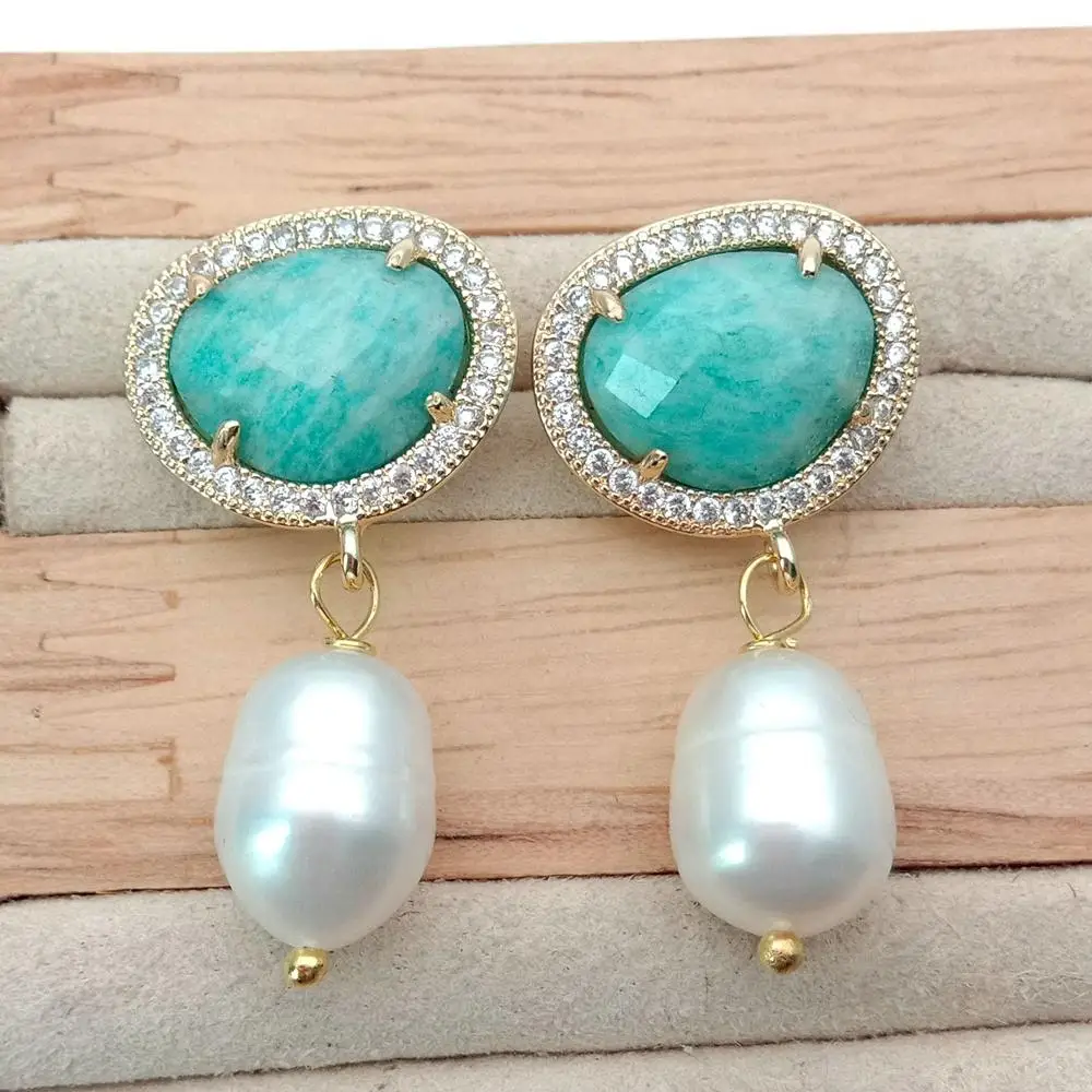 natural White Rice freshwater Pearl natural Green stone Cz mirco Pave Stud Earrings push back  Earrings Party Jewelry Gift