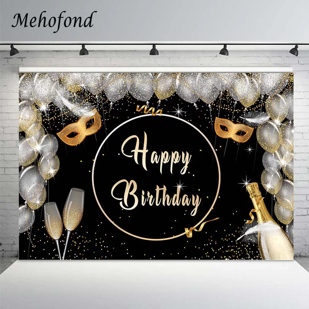 

Mehofond Happy Birthday Decor Backdrop Black Silver Balloons Gold Dot Adult Children Party Photography Background For Photophone