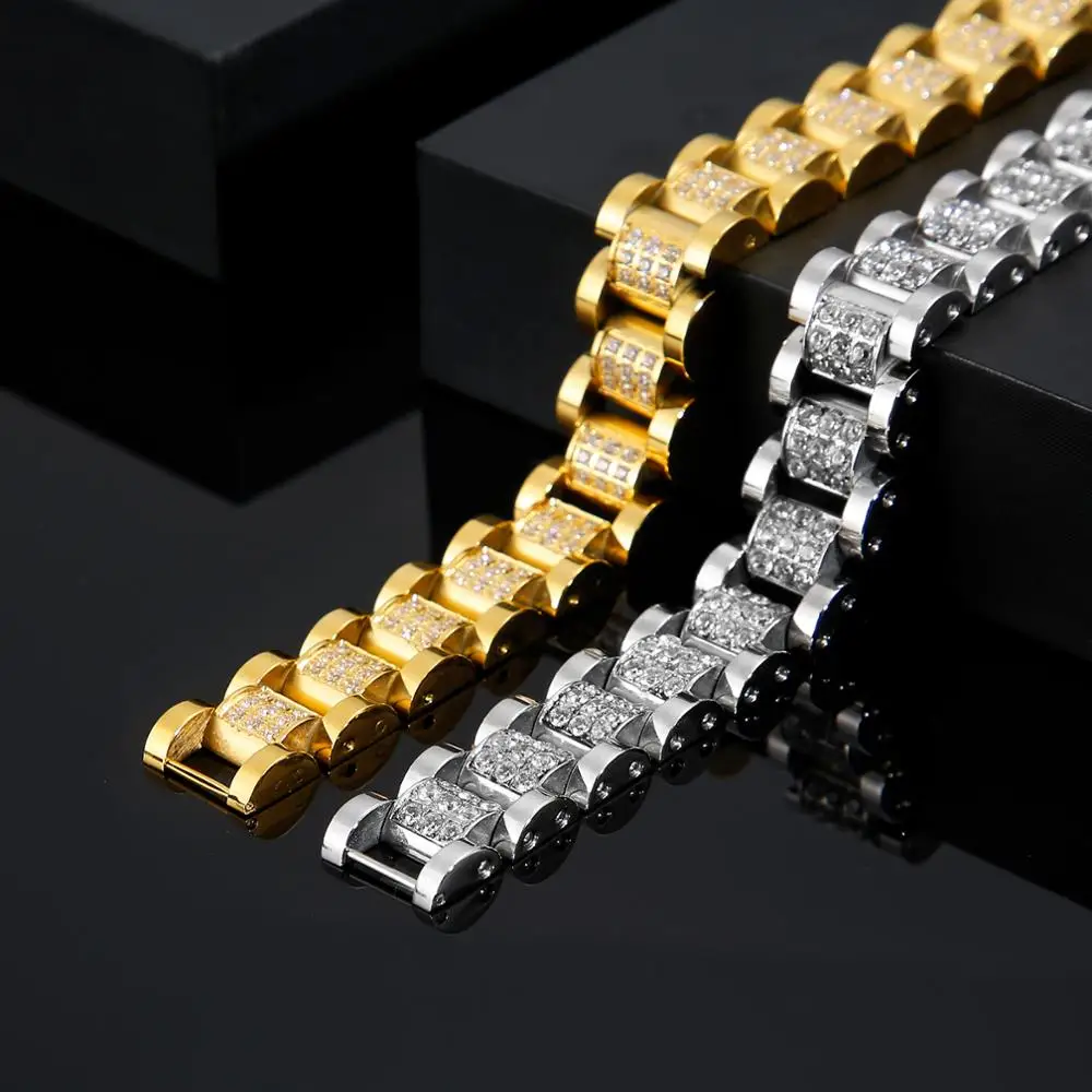 High Quality Zircon-Studded Men Hip Hop Bracelet Titanium Steel Shiny Chunky Chain Bracelet Gold/Silver Color