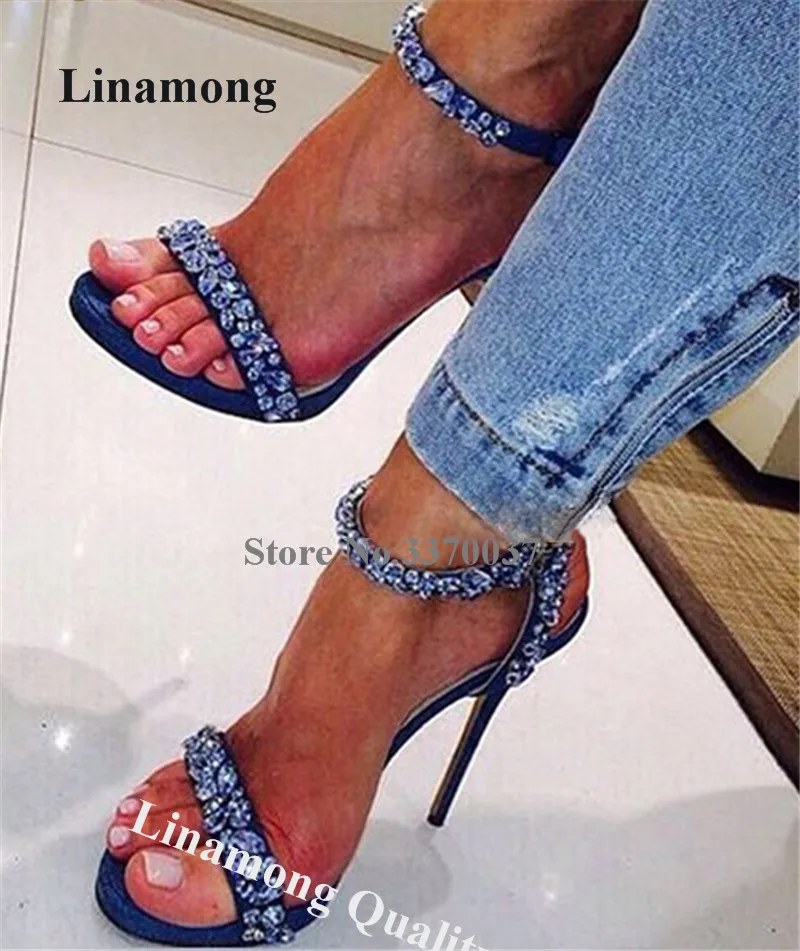 

Linamong Shining Rhinestone Stiletto Heel Gladiator Sandals Blue Crystals One Strap High Heel Sandals Bling Wedding Shoes