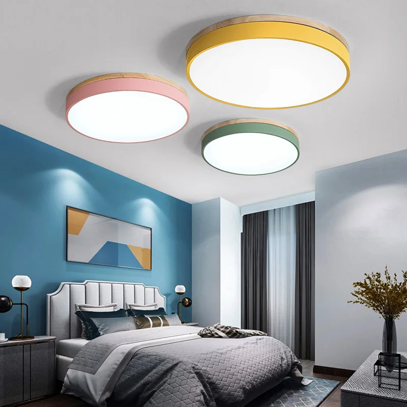 Iron Cookie Ceiling Lamp Modern Round Wood Bedroom Restaurant Hotel Dinning Room Green Gray White Black Macaron Color Light