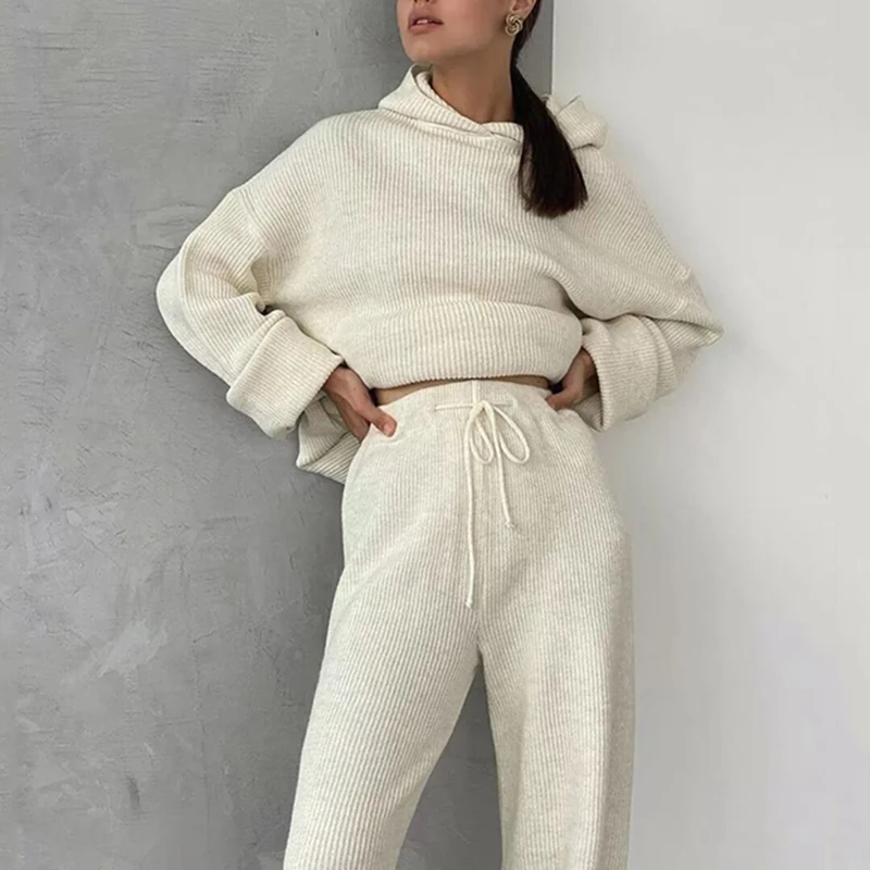 Two Piece Sets Women Homewear Spring Rib Knitted Soft Pajamas Casual Solid Loose Hooded Tops And Wide Leg Pants Suit Sportswear