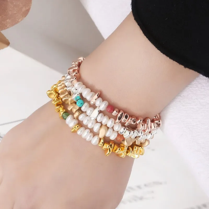 Fashion Jewelry Women's Daily Life Gift Quality Special-shaped Ore Plated Rose Gold Silver Freshwater Pearl Elastic Bracelet