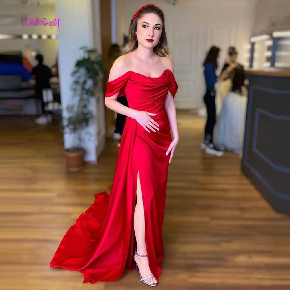 

Red Mermaid Satin Long Evening Dresses Off The Shoulder Women Party Dress Pleated Slit Formal Prom Gowns Customize