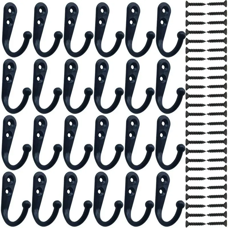 

24 Pieces Coat Hooks Wall Mounted Robe Hook Single Coat Hanger No Scratch and 50 Pieces Screws Black