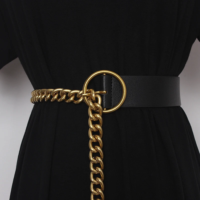 Women's Runway Fashion PU Leather Gold Chain Cummerbunds Female Dress Corsets Waistband Belts Decoration Wide Belt TB2029