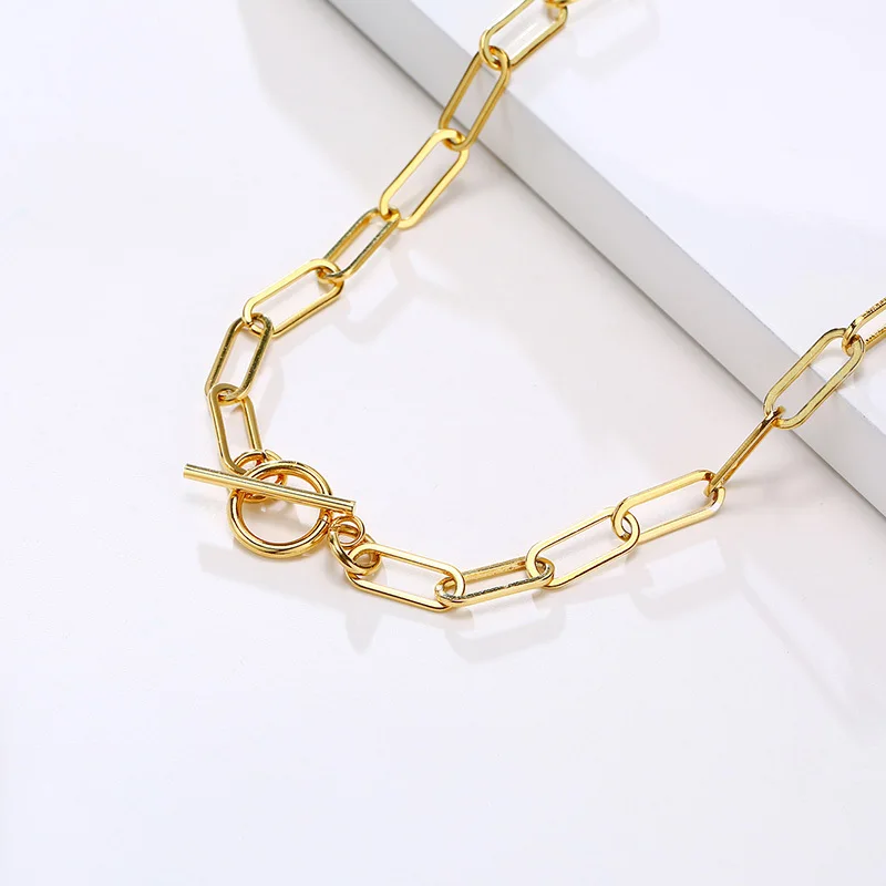 Chic Rectangle Chain Necklaces for Women,Gold Color Stainless Steel Paperclip Link Choker with Toggle Clasp, Party Gifts for Her