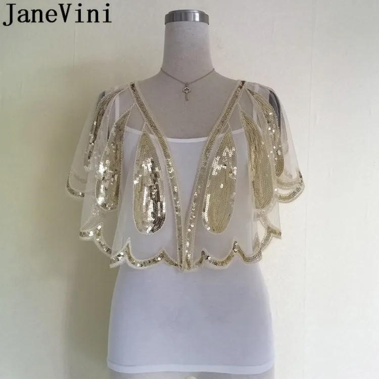 JaneVini Gold Sequins Wedding Wrap and Jackets Bling Bling White Beaded Women Shrugs Tulle Bridal Capes Party Hochzeit Bolero