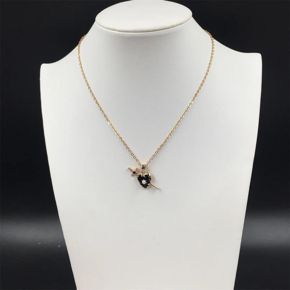Gothic Gold Color Plating Sword Go Through Black Enamel Heart Charm Delicate Necklace For Women Girl Lovely Chic Unique Jewelry