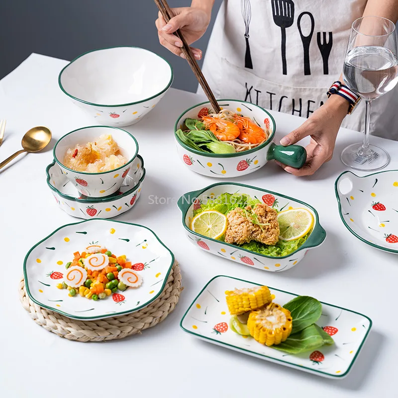 Hand-painted Underglaze Ceramic Dishes Set Combination Eating Bowl Soup Bowl Noodle Bowl Dish Set Creative Strawberry