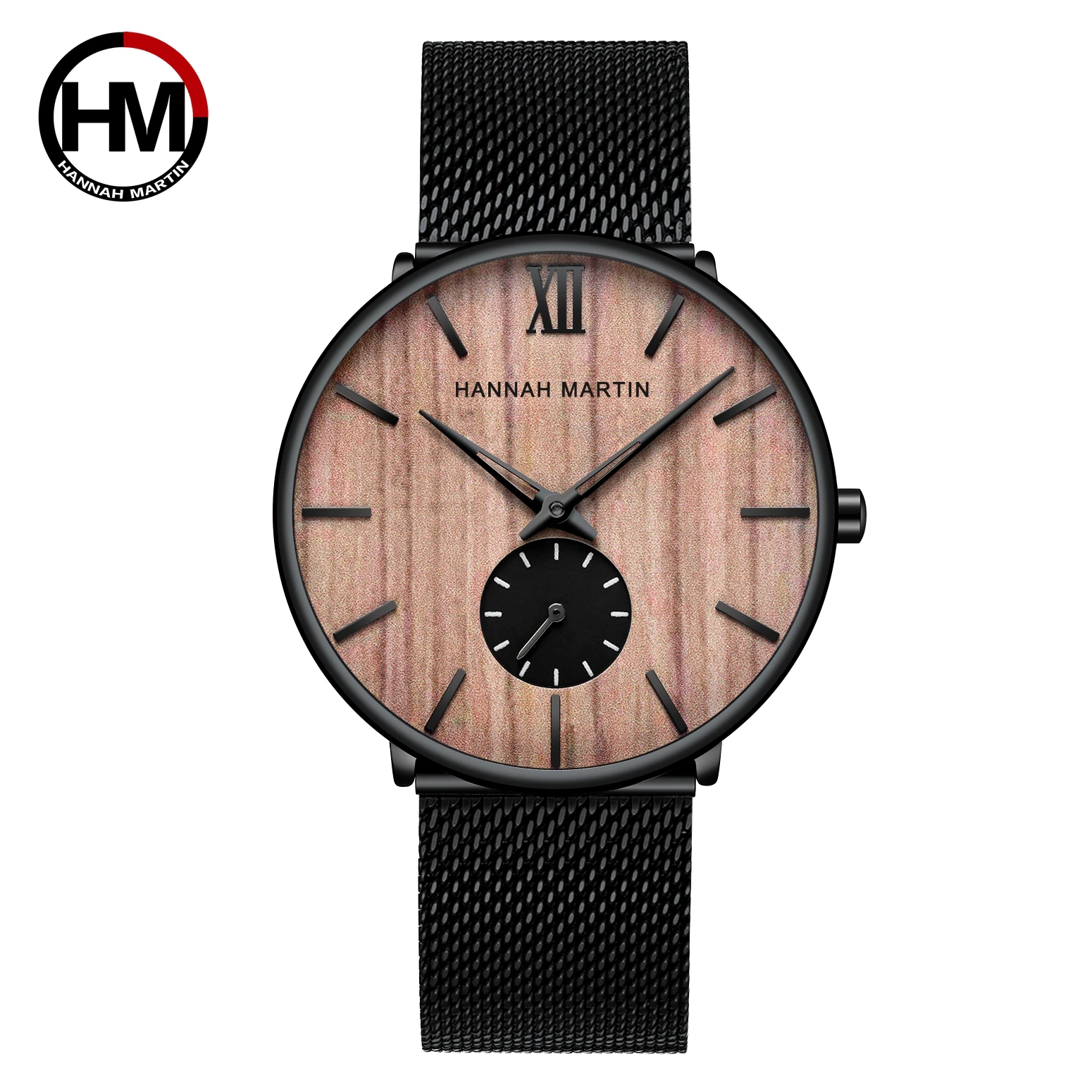 Hannah Martin Watches Men Business Casual Watch Waterproof Quartz Wristwatch Military sports Watch Ebony Cherry Wood Dial Clock