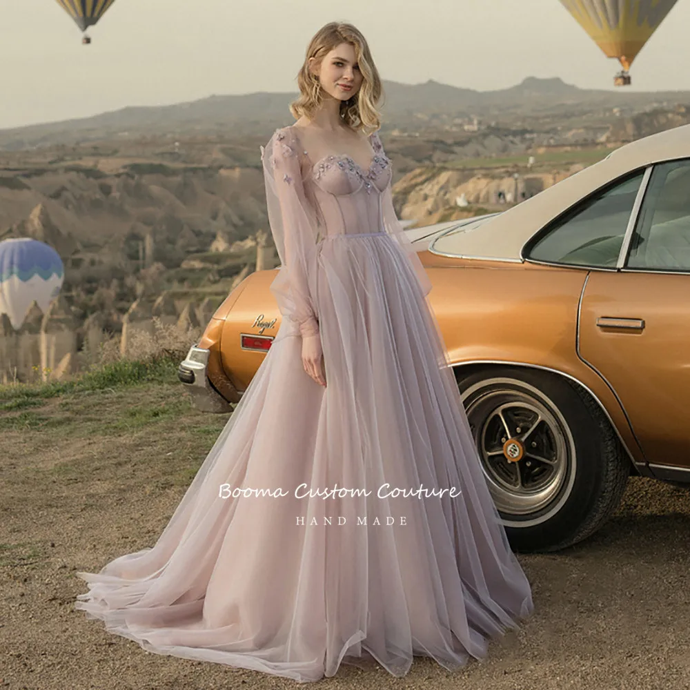 Booma Dirty Pink Beach Wedding Dresses Long Puff Sleeves Beaded Flower Bride Dresses Lace Up Open Back A-Line Tulle Bridal Gowns