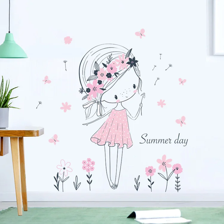 Schöner Sommer-Mädchen-Wandaufkleber für Mädchenzimmer-Dekoration, Tapete, Niedliche Rosa Serie, Kinderzimmer-Deko, Selbstklebende Aufkleber – Detail 2
