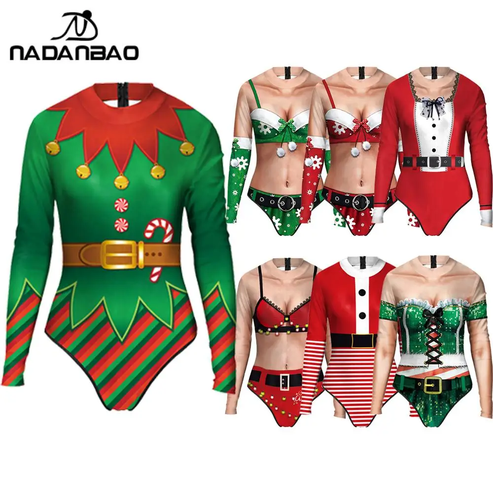 NADANBAO kobiety świąteczne nadruk imprezowy Monokini jednoczęściowy z długim rękawem sport Surfing damski strój kąpielowy pływanie kąpiący się na plaży