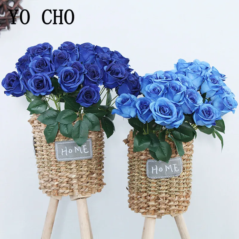 Bouquet de Roses Artificielles Bleu Royal, Fausses Fleurs, Petite Poubelle, pour ixde Mariage, Décoration de Maison, 12 Têtes