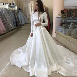 Lorie princesa vestidos de casamento cetim manga longa muçulmano vestido de noiva branco vestidos de novia personalizado