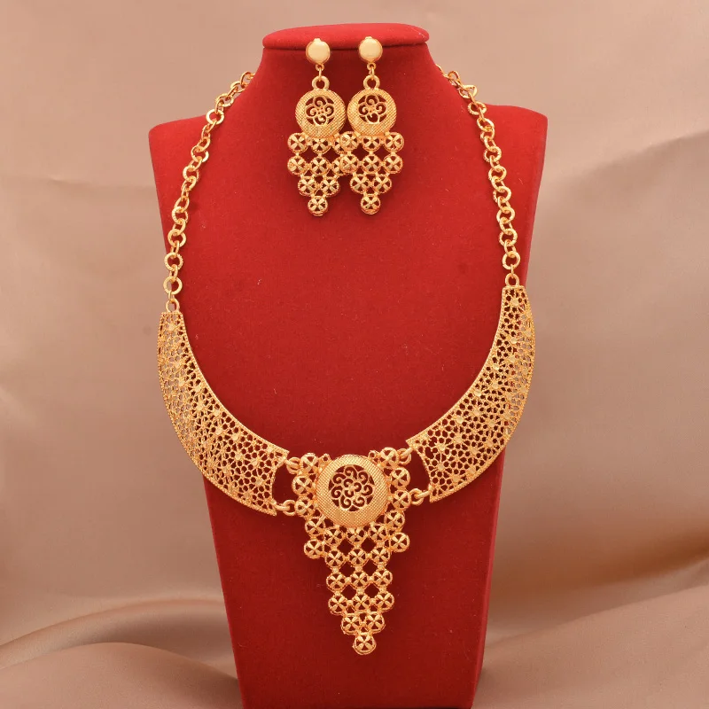 

Dubai Jewelry sets 24K gold plated luxury African wedding gifts bridal bracelet necklace earrings ring jewellery set for women