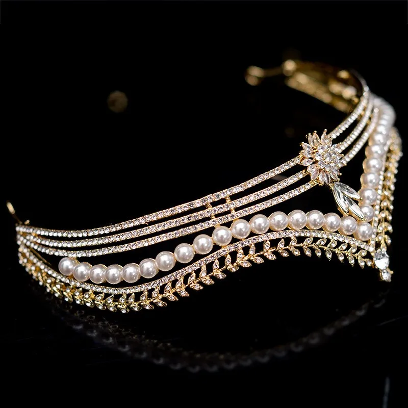 Baroque Retro Gold Color Crystal Pearl Bridal Tiaras Crown Geometric Rhinestone Pageant Diadem Headband Wedding Hair Accessories