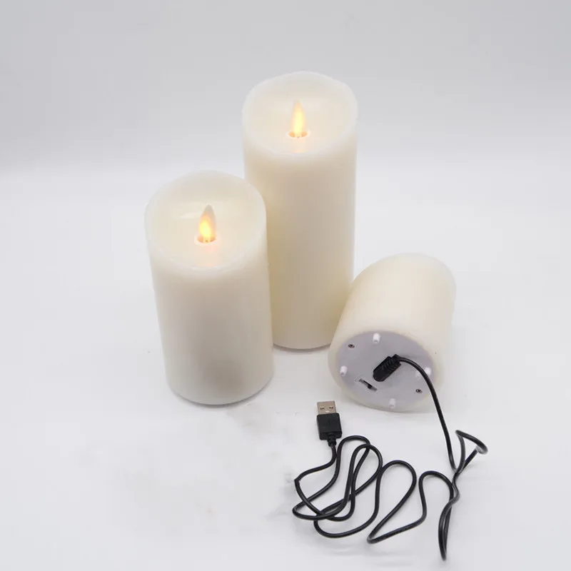 USB Rechargeable Led Candles Ivory Dripless Paraffin Wax Dancing Moving wick Pillar Candle set Home Bar Wedding Xmas Decoration