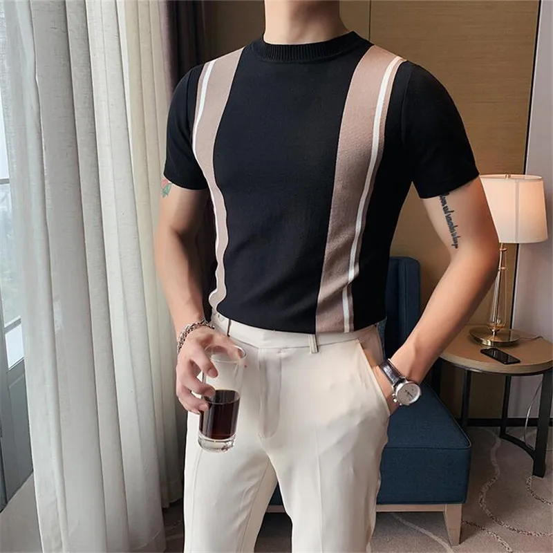 British Style Summer Slim Fit Knitted T Shirts Men O-Neck Short Sleeve Sweater T-shirt Fashion Contrast Color Striped Tee Shirt