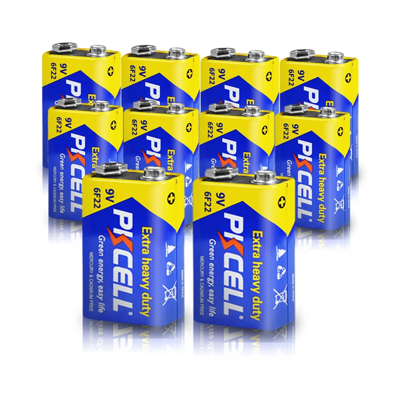 PKCELL 10Pcs 9V 6F22 Battery Super Heavy Duty Batteries Dry Batteria For Infrared thermometer Pinpointer Metal Detector