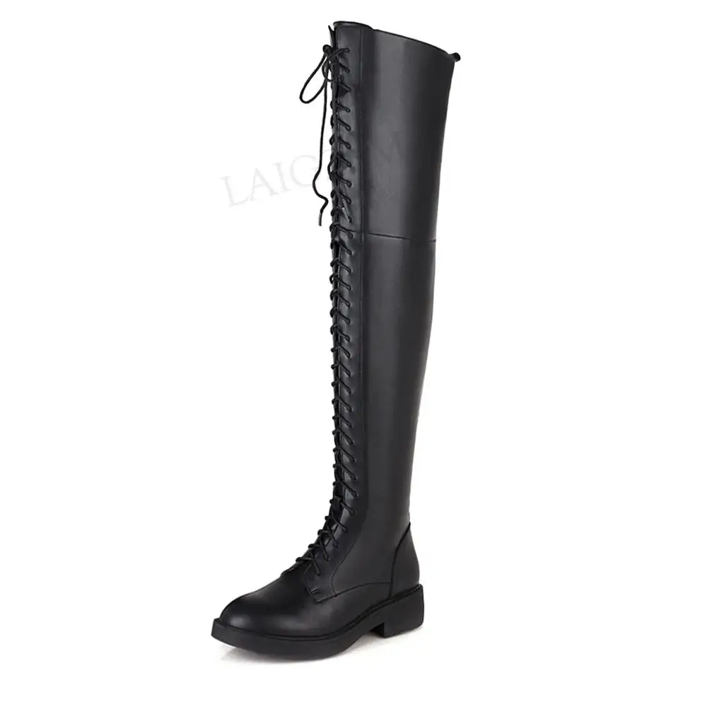 LAIGZEM Women Over Knee Boots Wide Calf Friendly Low Flat Heels Boots Waterproof Side Zip Shoes Woman Big Size 33 40 41 42 43