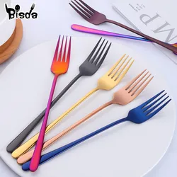 8 Colors Stainless Steel Dinner Fork Set Korea Colourful Dessert Fork With Long Handle Gold Blue Fork Set for Hotel Party